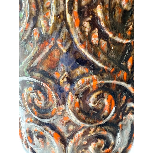 1960s-1970s West German Fat Lava Ceramic Table Lamp, Applied Scroll Relief, Volcanic Drip Glaze in Brown, Black and Orange For Sale - Image 12 of 12