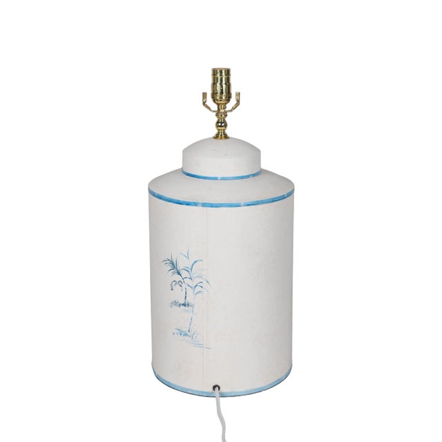 Metal A Pair Vintage English Export Tea Caddy Hand-Painted Chinoiserie Figurines Table Lamp For Sale - Image 7 of 10