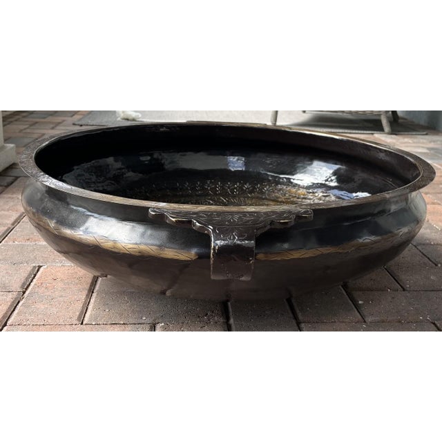 Late 20th Century Large Brass Vintage Etched Handcrafted Indian Urli Bowl (29 Inches Long and 20lbs) For Sale - Image 5 of 14