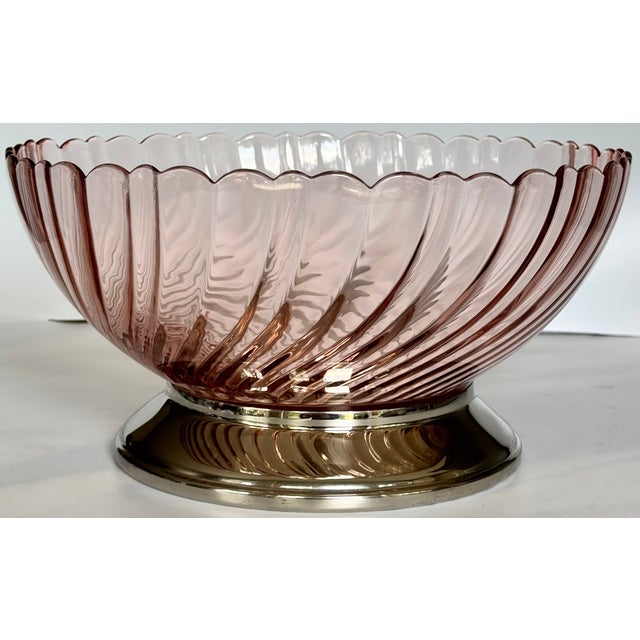 Contemporary Made in France Pink Swirl Centerpiece Bowl With Silver Plated Base, Polished For Sale - Image 3 of 10