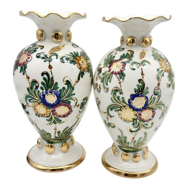 Vintage MCM Italian Hollywood Regency Style Ruffle Top Flora Vase -Set of 2 For Sale