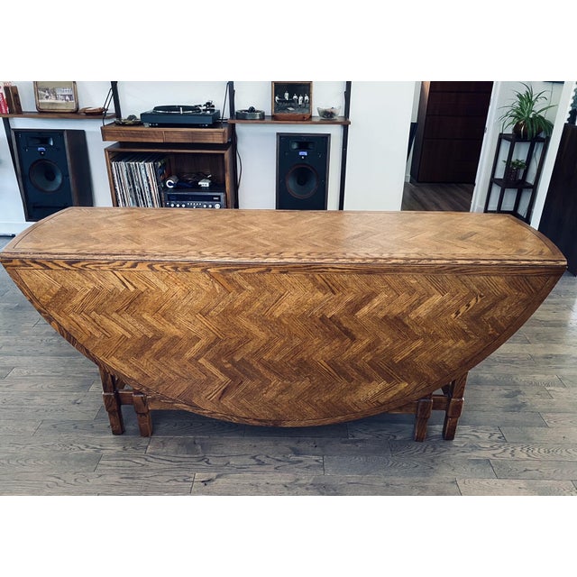 Boho Chic Vintage Large Oak Parquet Top Drop Leaf Dining Table For Sale - Image 3 of 12