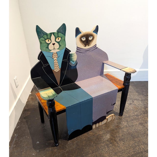 Hand made and painted cat couple bench. The cats are dressed in very 1980's attire. One of a kind piece made for the...