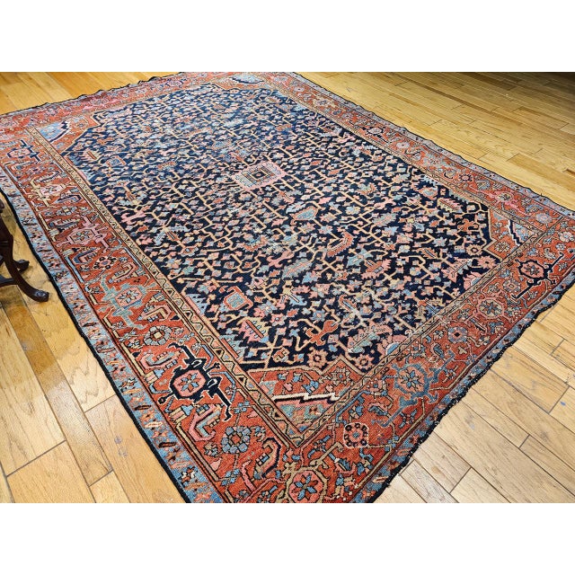 19th Century Persian Heriz Serapi Rug, Hand-Knotted Wool, Allover Geometric Pattern, Blue & Red, 8x11 For Sale - Image 9 of 18