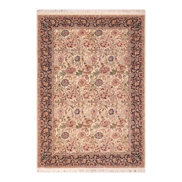 Shabby Chic Floral 1990's Pak-Persian Ivory/Blue Wool Rug - 6'1'' X 9'1'' For Sale