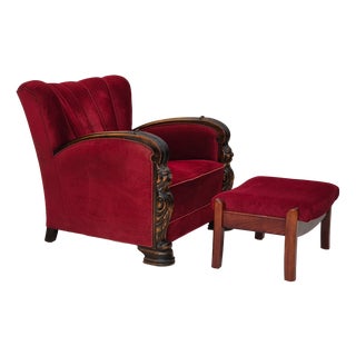 Set of Danish Armchair & Footstool in Furniture Velour & Ash Wood, 1950s For Sale