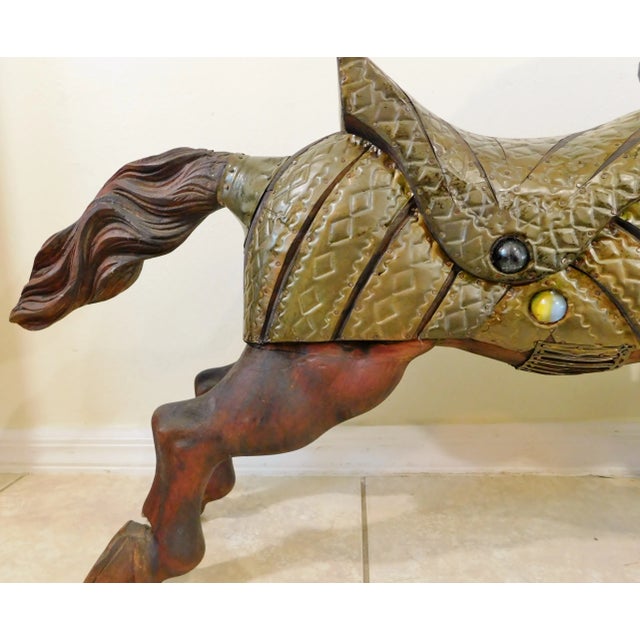 Brown Large Mid Century Elaborate Hand Carved Solid Wood & Brass Jeweled Equestrian Horse Art Sculpture For Sale - Image 8 of 11