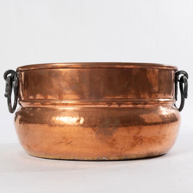 Antique hand wrought copper jardiniere with iron handles and gorgeous patina. Perfect as a planter, kindling/firewood...