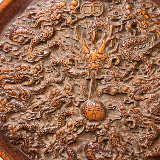 Vintage Chinese Hand Carved Boxwood Nine Dragons Table Screen For Sale In Los Angeles - Image 6 of 9