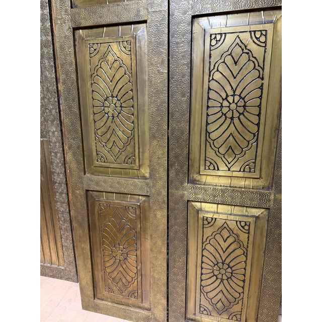 Mid-Century Modern Vintage Hand-Hammered Brass-Clad Double Doors | Architectural Statement Pair 80x36 For Sale - Image 3 of 9