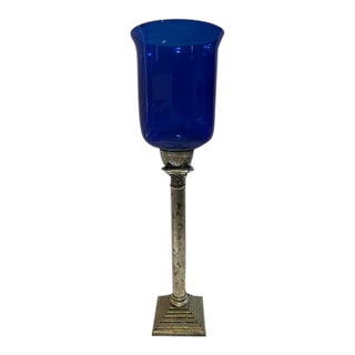 Blue Glass Column Tall Hurricane For Sale