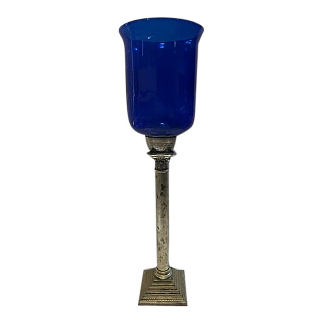 Blue Glass Column Tall Hurricane For Sale