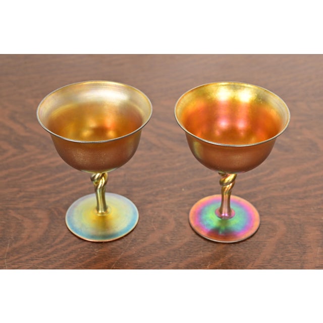 A gorgeous pair of Arts & Crafts or Art Nouveau period Aurene iridescent art glass goblets By Steuben Glass USA, Early...