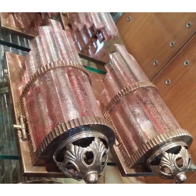 Copper Vintage Art Deco Skyscraper Metro Light Wall Sconces in Copper Red Cameo Glass - a Pair For Sale - Image 8 of 8