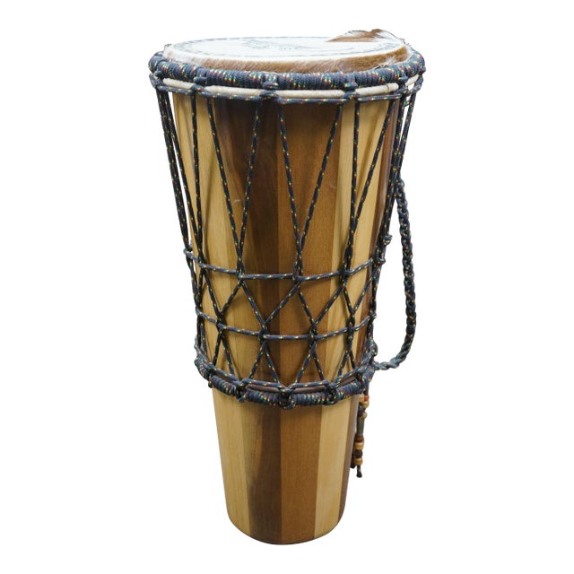 West African Ashiko Tribal Hardwood Goat Skin Rope Drum 22" For Sale