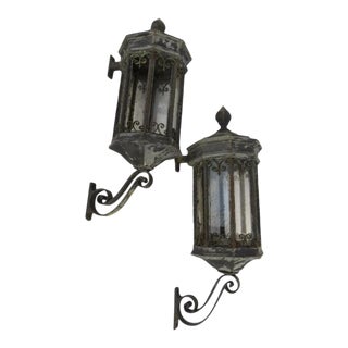Antique Monumental Galvanized Metal and Iron Exterior Building Lanterns with Brackets - A Pair For Sale