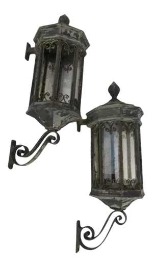 Antique Monumental Galvanized Metal and Iron Exterior Building Lanterns with Brackets - A Pair