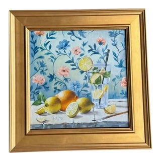 2023 Acrylic Still Life Painting, With Lemon Water and Citrus Against Wallpaper in Gold Plein Air Frame For Sale