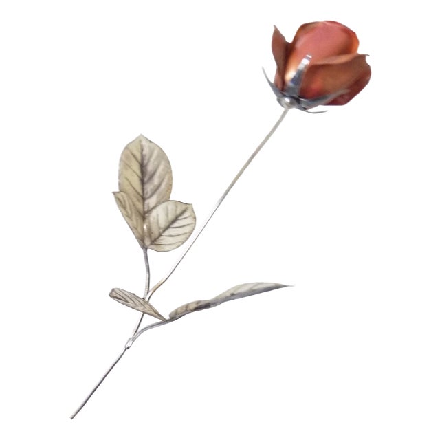 Vintage Italian Handmade Sterling Silver 925 Long Stem Enameled Red Rose, Padua, Italy, 1970s For Sale