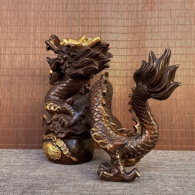 Bronze Late 20th Century Gilt Bronze Dragon on Treasure Basin Sculpture For Sale - Image 8 of 9