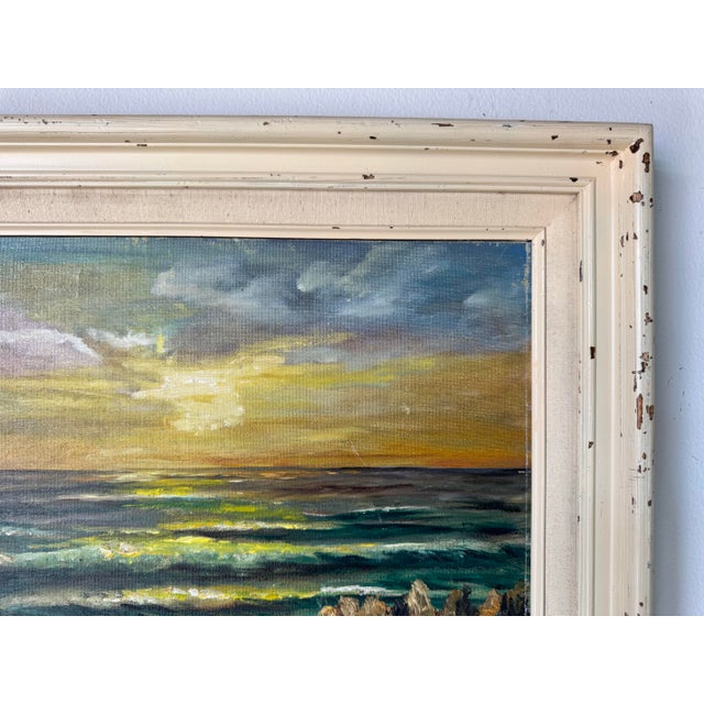 Wood 1970's Vintage Sunset Coastal Seascape Oil Painting by Fran S — Framed For Sale - Image 7 of 11