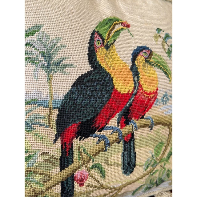 Tan Vintage Tropical Bird Needlepoint Pillows With Tassel Trim Velvet Back-Pair For Sale - Image 8 of 12