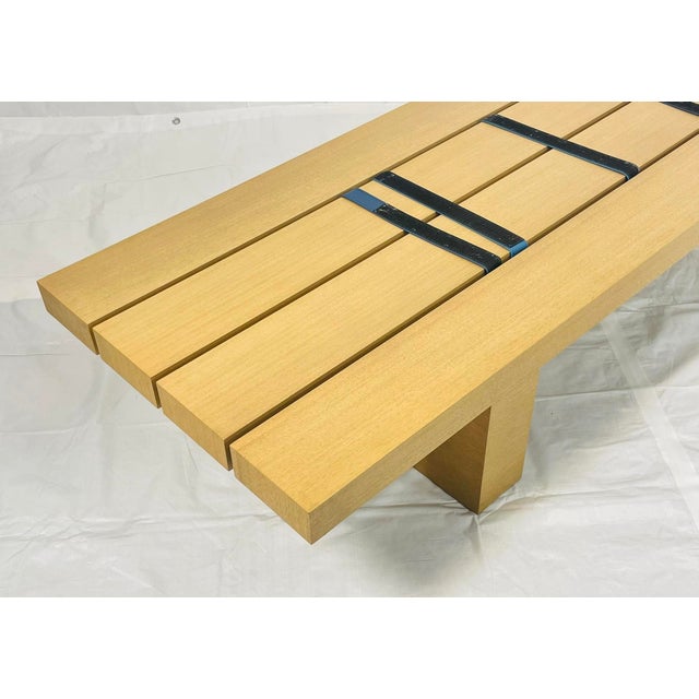 1980s Modernist Platform Bench With Blue Leather Cushions, Custom La Design For Sale - Image 13 of 18