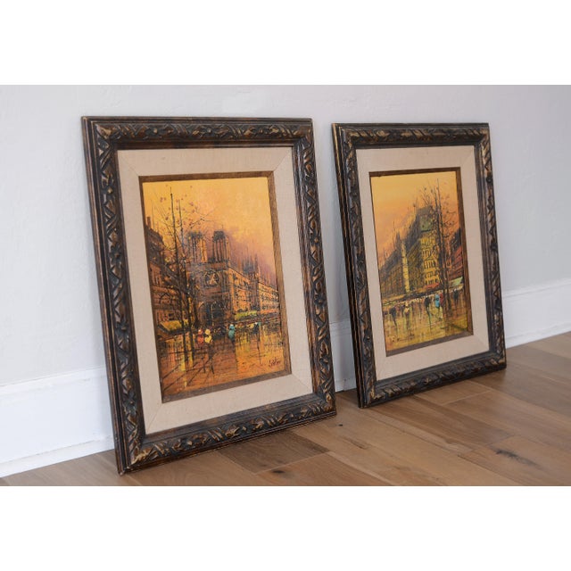 Wood Vintage Giovanni Lentini Brutalist Paris Cityscape Paintings - A Pair For Sale - Image 7 of 8