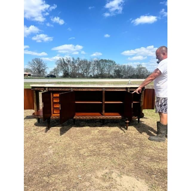 Long French Louis XVI Demilune Mahogany Sideboard Carrera Marble Top 1900s For Sale - Image 14 of 18
