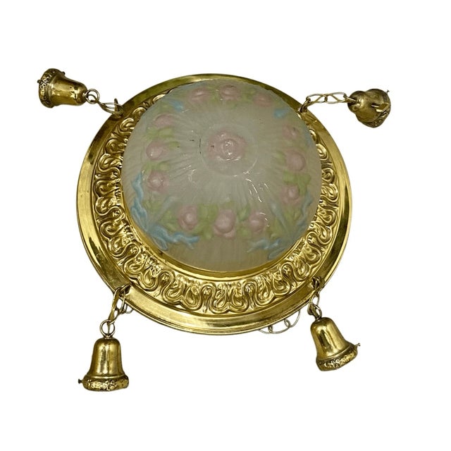 Antique French Style Hand Painted Floral Glass 4 Arm Pendant Light Chandelier For Sale - Image 10 of 11