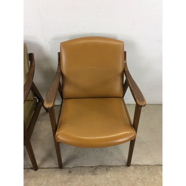 Pair of Mid Century Modern Green & Gold Vinyl Lounge Chairs With Walnut Frames For Sale - Image 4 of 12
