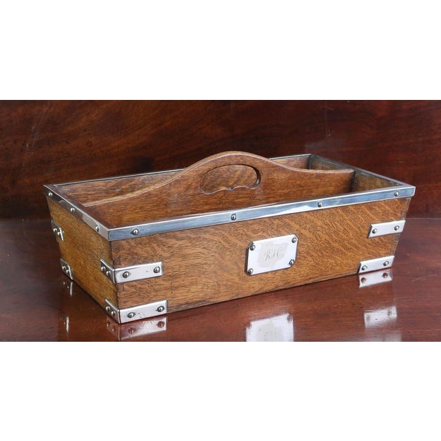 Very smart oak and silver plated bar or cutlery tray. Lovely colour of oak Good condition. Original silver plate. Monogram...