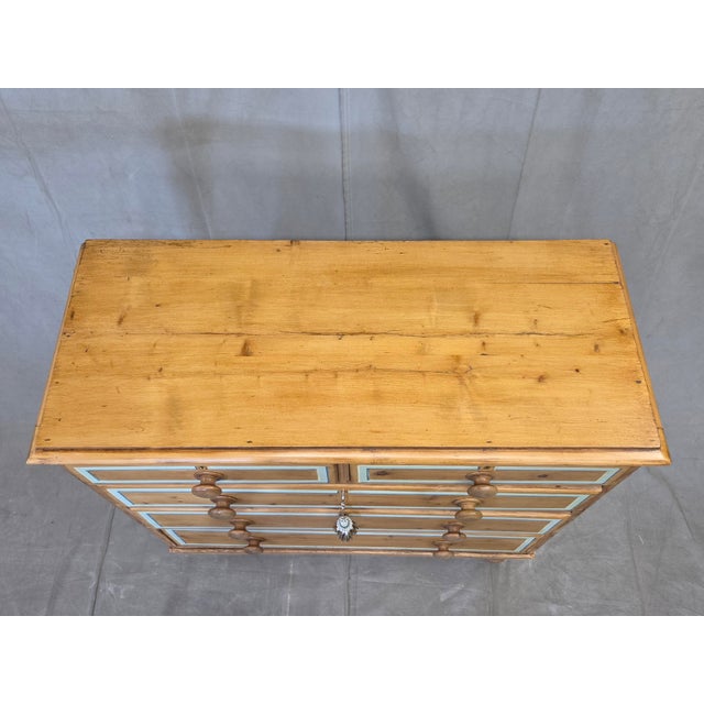 Wood Antique English Edwardian Natural Pine Chest of Drawers With Blue French Line For Sale - Image 7 of 14