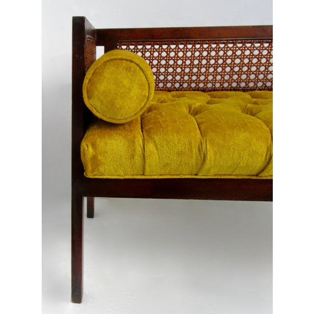 C.1970's Crushed Velvet Velour Button-Tufted Upholstered Caned Wood Bench With Bolster Pillows For Sale - Image 12 of 18