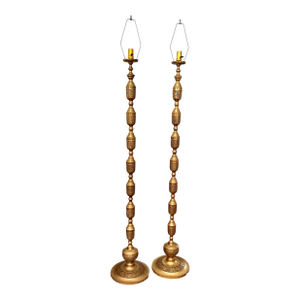 Pair of Japanese Mid-Century Brass Floor Lamps Embossed With Middle Eastern Motifs