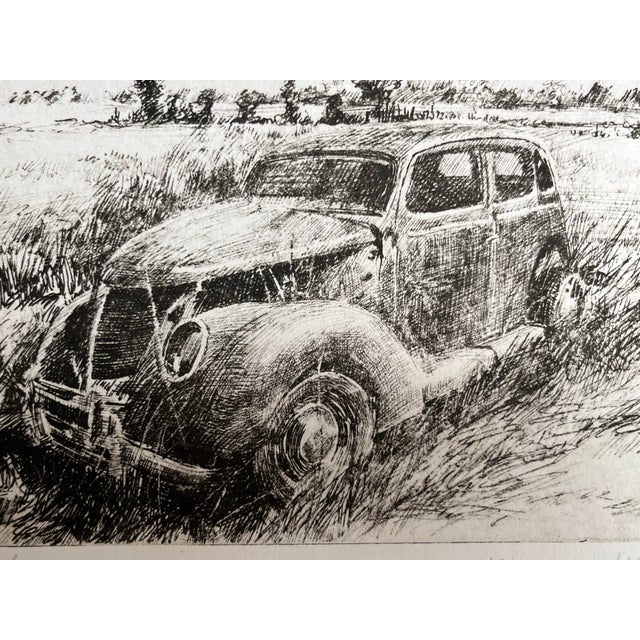 American Vintage Etching of an Old Car in a Landscape. For Sale - Image 3 of 4