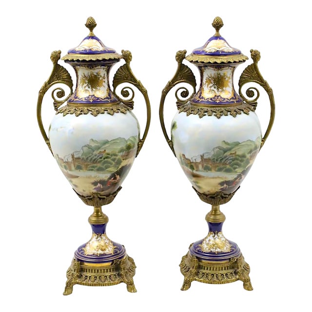French Sèvres Porcelain Bronze Mounted Cobalt & Raised Gilt Gold Covered Urn For Sale