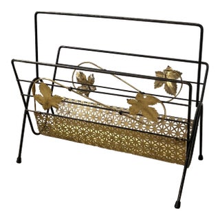 Mid-Century Modern Black Wrought Iron and Brass Toned Magazine Rack With Leaf Motif. For Sale