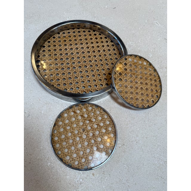 Vintage Chrome and Cane Tray With Matching Coasters, 1970s For Sale In Los Angeles - Image 6 of 7