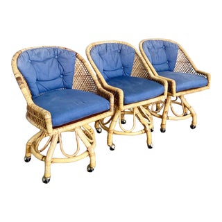 Boho Chic Buri Bamboo Rattan Swivel Dining Chairs on Casters - Set of 3 For Sale