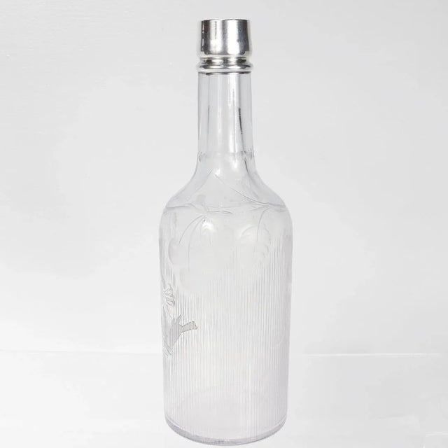 Mid-Century Modern Antique Cut Glass & Silver Overlay Fighting Cockerels/Game Cocks Bar Back Bottle For Sale - Image 3 of 11