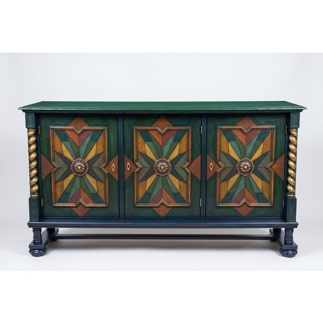 Artisan Hand-Painted Credenza with Geometric Star Inlay and Gilded Details For Sale - Image 4 of 4