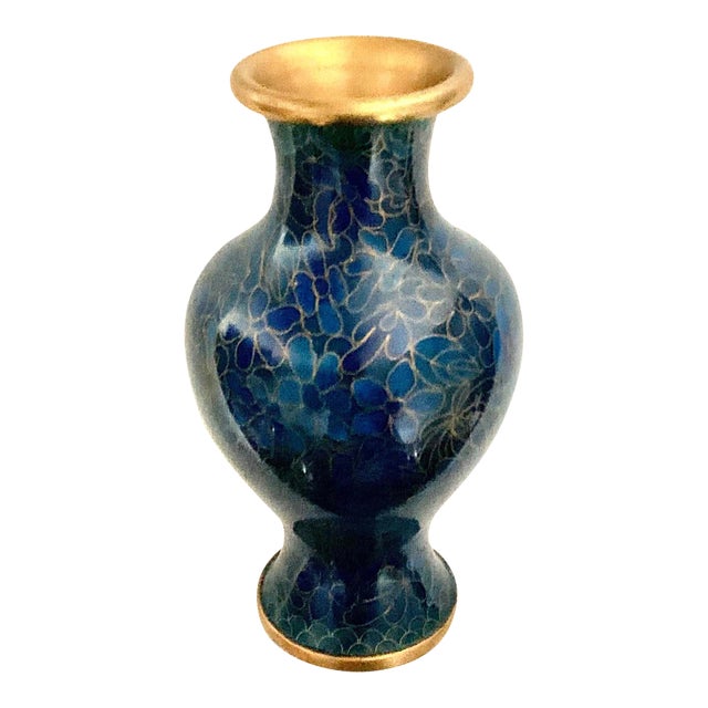 Vintage Small Floral Turquoise Blue and Gold Cloisonné Vase For Sale