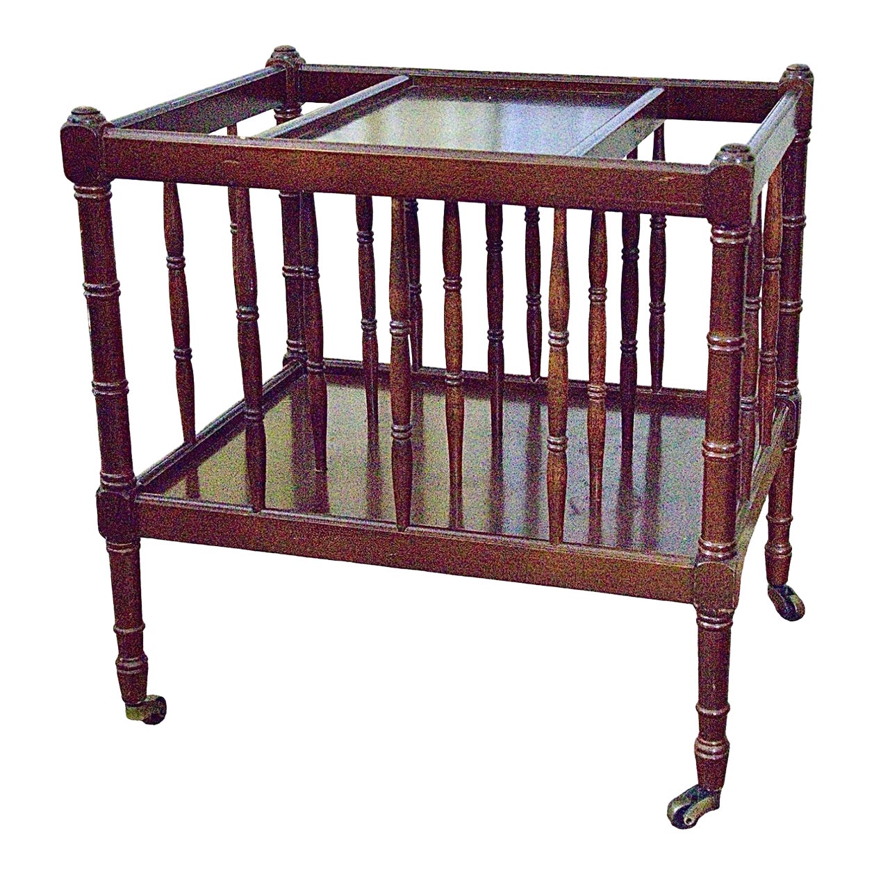 1980s Wooden Magazine Rack With Brass Caster Feet | Chairish