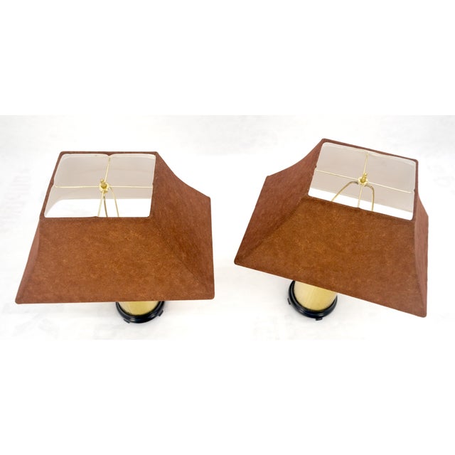 Pair of Asian Style c1070s Cylinder Shape Base Table Lamps Wooden Feet MINT! For Sale - Image 12 of 17