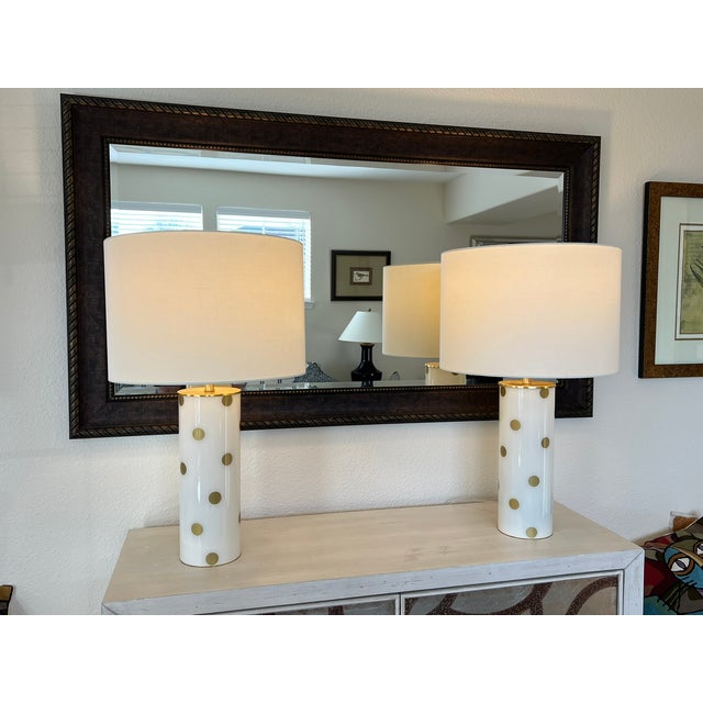 Metal Kate Spade Cream & Gold Pavilion Polka Dot Cylinder Table Lamp W/ Cream Linen Shade; Set of 2 For Sale - Image 7 of 17