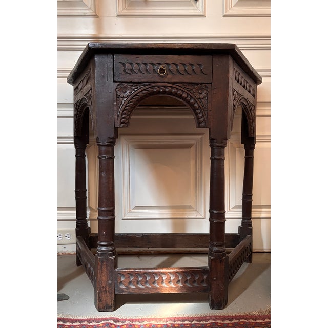 Antique James I, Jacobean handcarved oak console table with drawer, joined construction. Column -turn legs joined by...