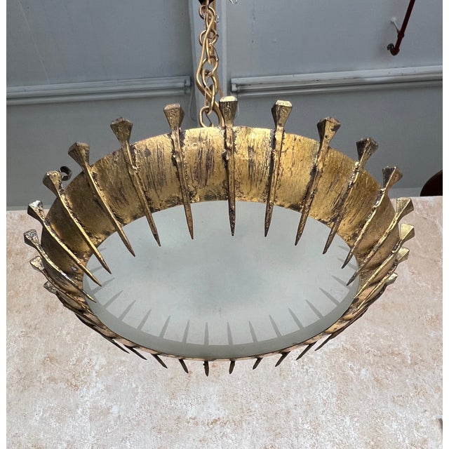 Gold Spanish 1960s Brutalist Gilt Metal Nail Design Sunburst Ceiling Fixture For Sale - Image 8 of 12