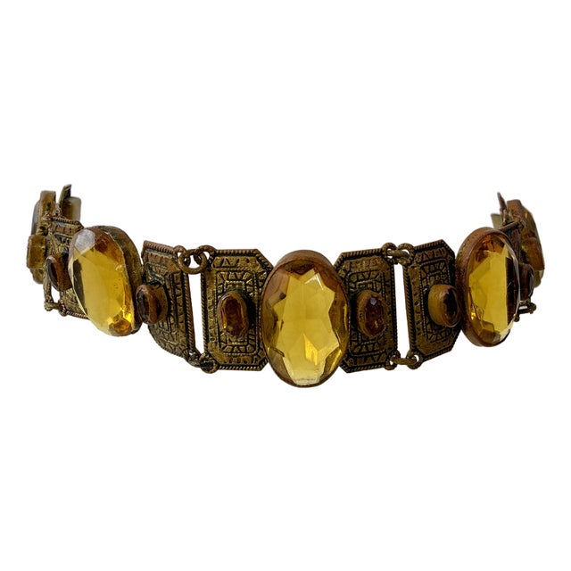 Czech Art Deco Bezel Set Citrine Amber Glass Panel Bracelet Signed Antique For Sale