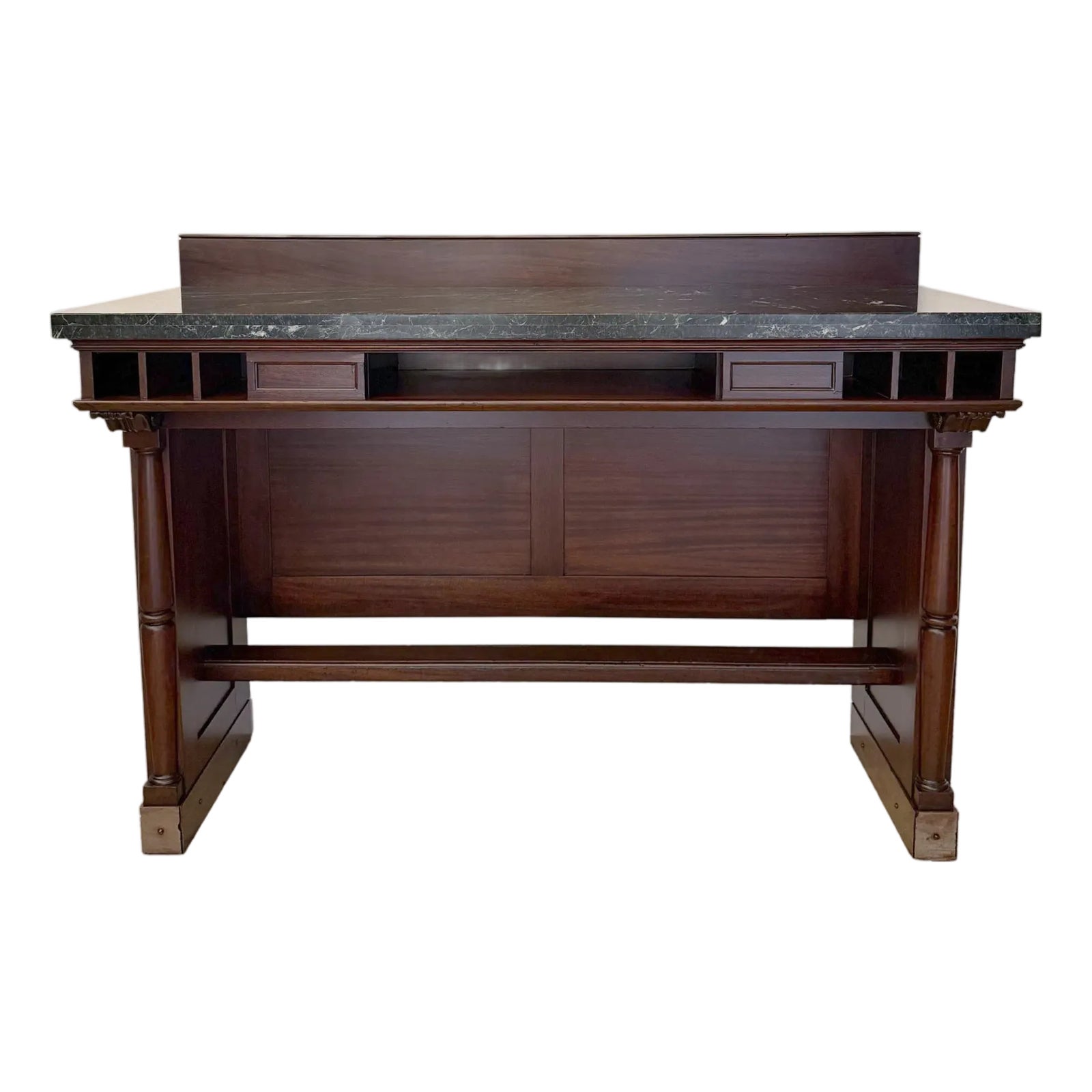 1960s Classic Green Marble Dark Wood Bank Table | Chairish